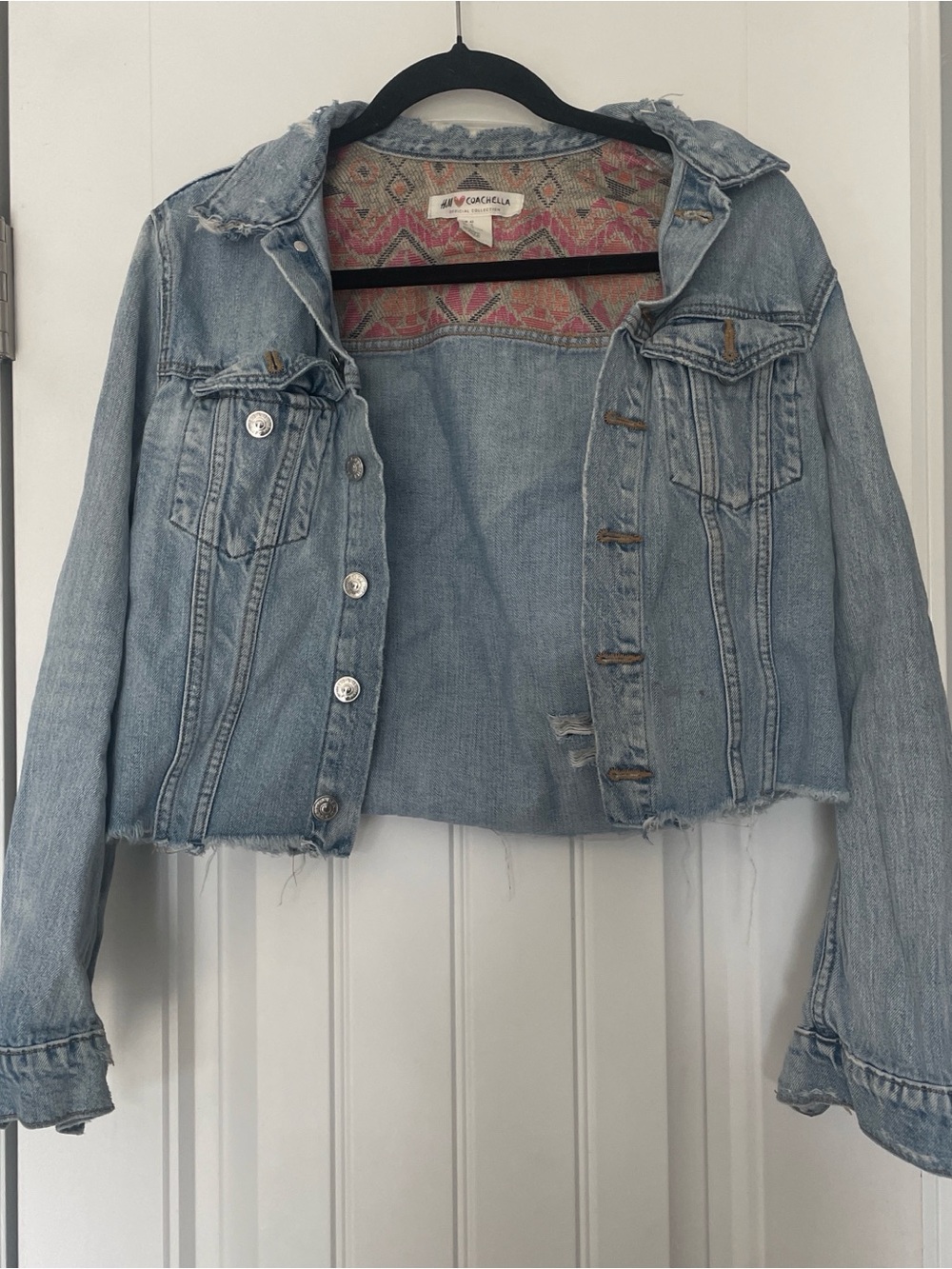 H&M Coachella Cropped Distressed Denim Jacket Boho Festival Size 12